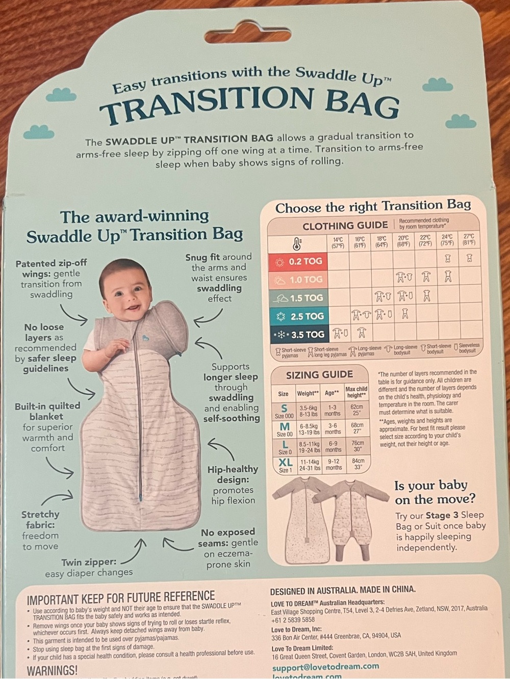 Swaddle Up Size Medium Transition Bag - Oatmeal Bees Print 2.5 tog zip off wings - Picture 3 of 3